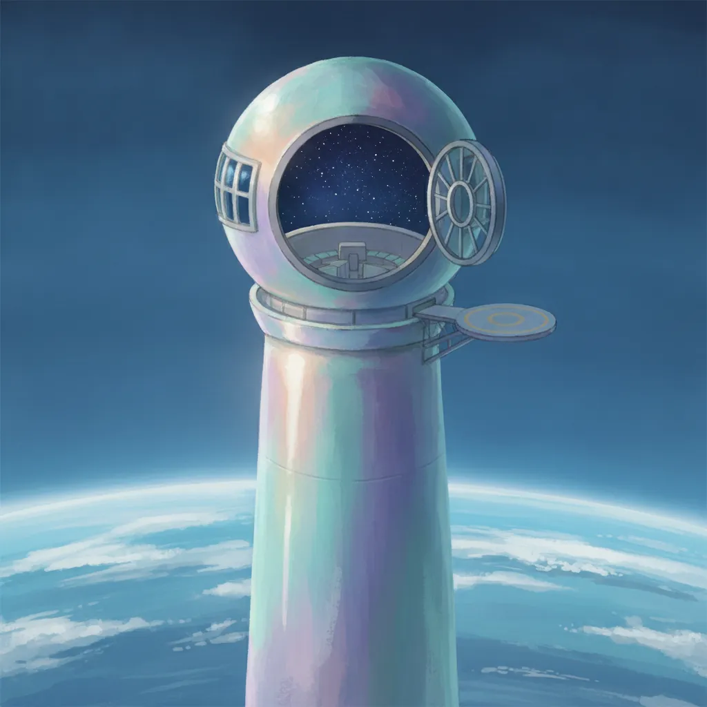 The crown of the tower near space, a round observation deck opening to stars above the Earth