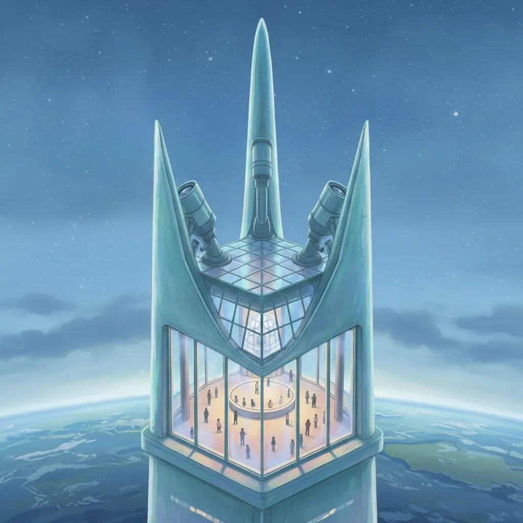 The three-spired trident crown, a glass observatory held inside the tips above the clouds