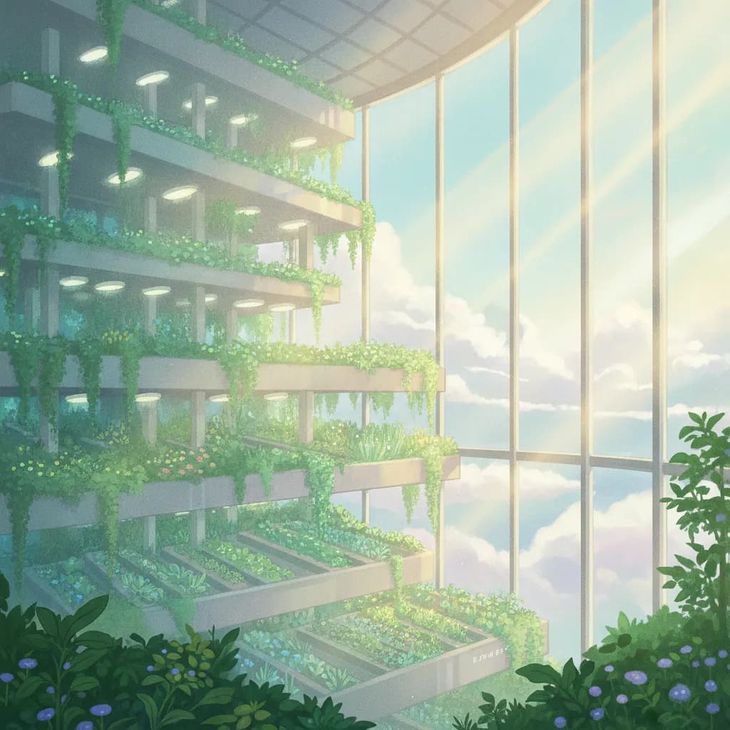 A vast sunlit vertical farm inside the tower, terraces of greenery against a wall of clouds