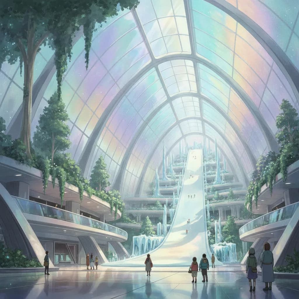 A vast iridescent lobby atrium with greenery and shafts of light