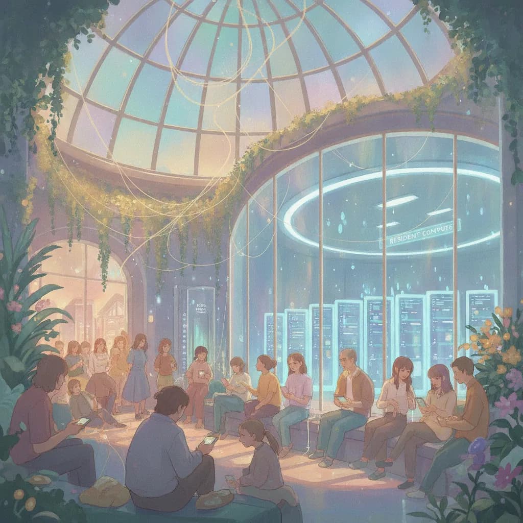 A communal sky-atrium where threads of light connect residents, with resident-only servers glowing behind glass