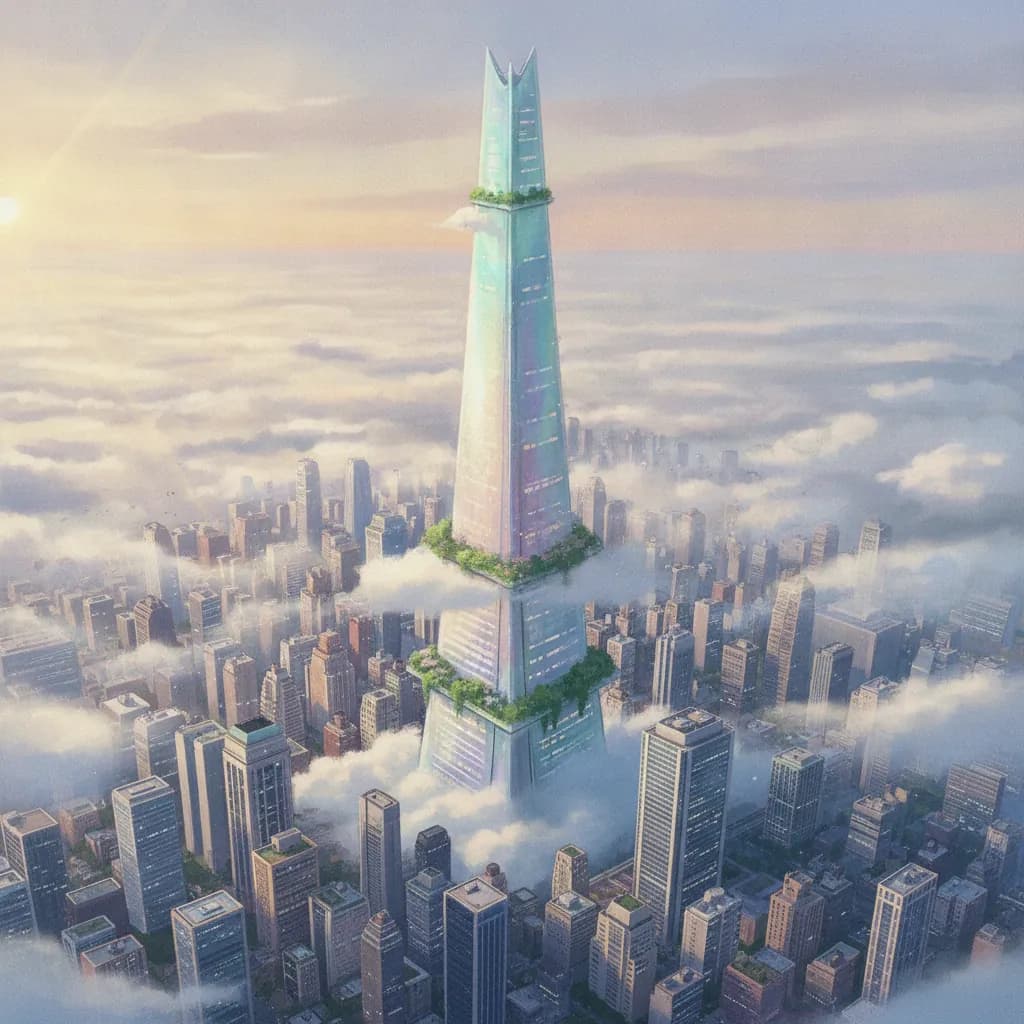 The tower dwarfing a full city skyline, clouds around its middle