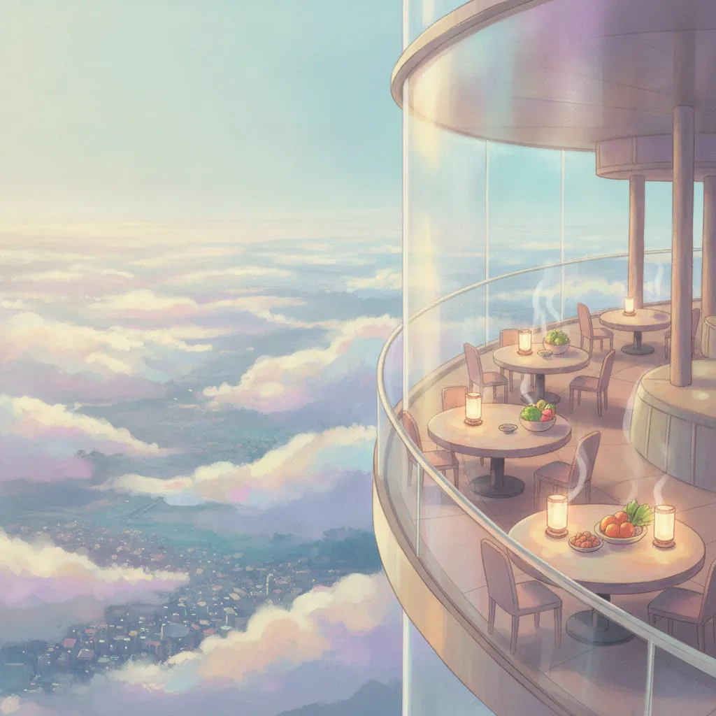 An intimate restaurant terrace inside the tower, warm lanterns and a glass wall to the clouds