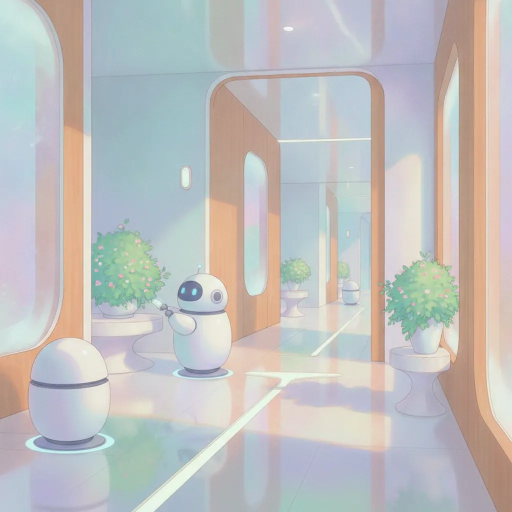 A calm residential corridor where a small white robot glides along a channel in the floor