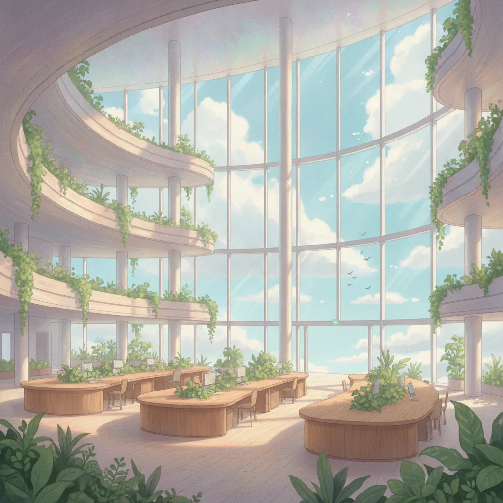 A light-filled co-working atrium with greenery and long desks opening onto the clouds